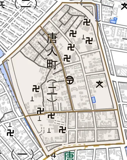 唐人町とその周辺の地図。町の範囲を重ねている
