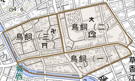 鳥飼とその周辺の地図。町の範囲を重ねている