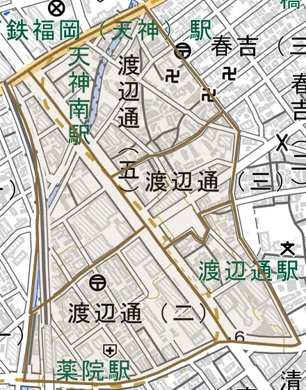 渡辺通とその周辺の地図。町の範囲を重ねている