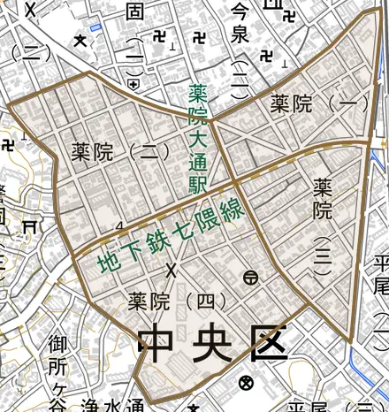 薬院とその周辺の地図。町の範囲を重ねている