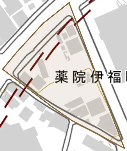 薬院伊福町とその周辺の地図。町の範囲を重ねている