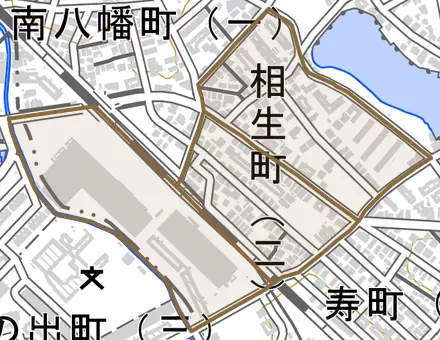 相生町とその周辺の地図。町の範囲を重ねている