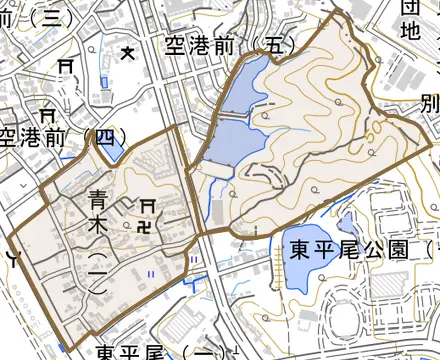 青木とその周辺の地図。町の範囲を重ねている