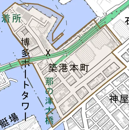 築港本町とその周辺の地図。町の範囲を重ねている
