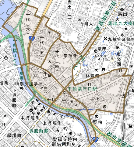 千代とその周辺の地図。町の範囲を重ねている