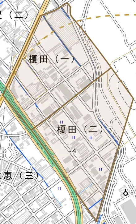 榎田とその周辺の地図。町の範囲を重ねている