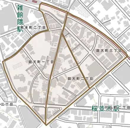 銀天町とその周辺の地図。町の範囲を重ねている
