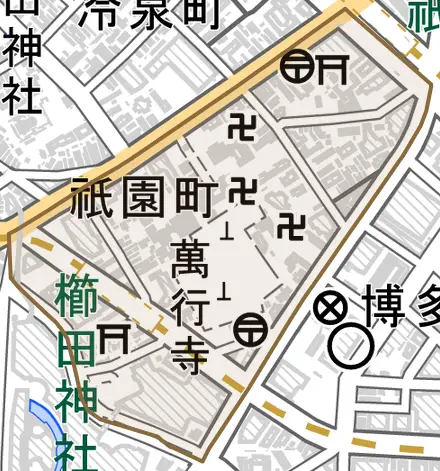 祇園町とその周辺の地図。町の範囲を重ねている