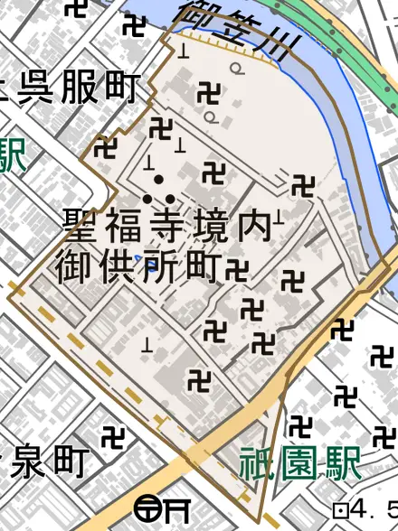 御供所町とその周辺の地図。町の範囲を重ねている