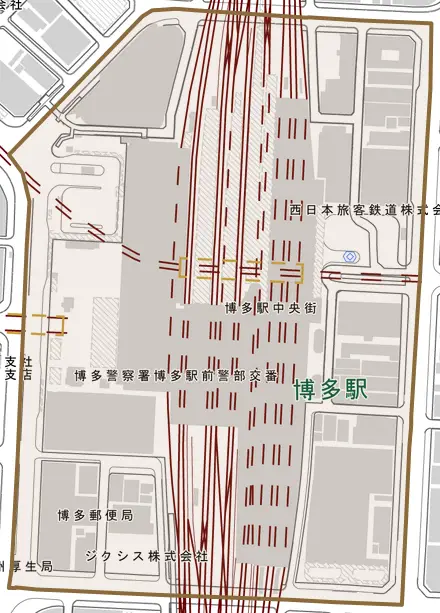 博多駅中央街とその周辺の地図。町の範囲を重ねている