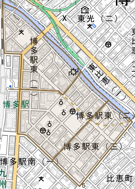 博多駅東とその周辺の地図。町の範囲を重ねている