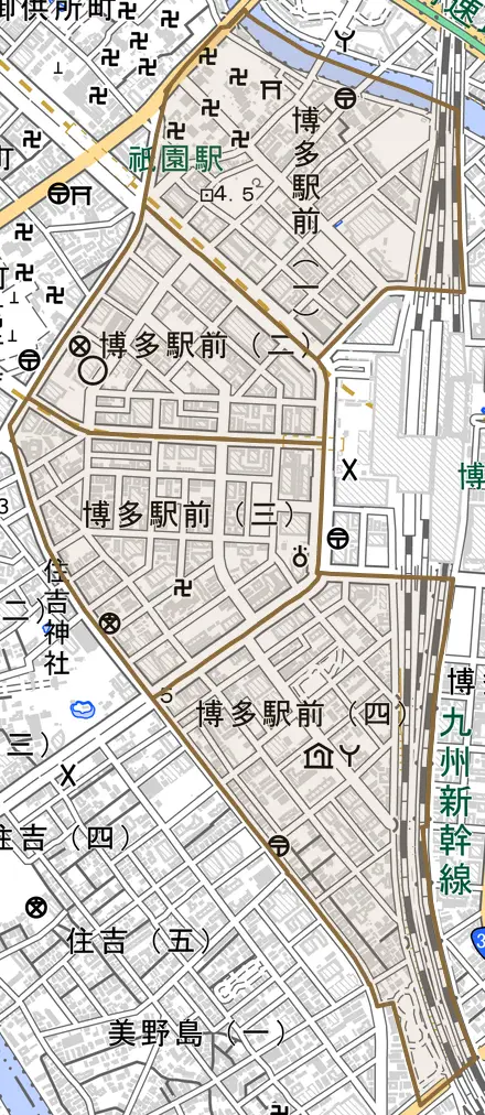博多駅前とその周辺の地図。町の範囲を重ねている