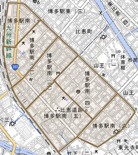 博多駅南とその周辺の地図。町の範囲を重ねている