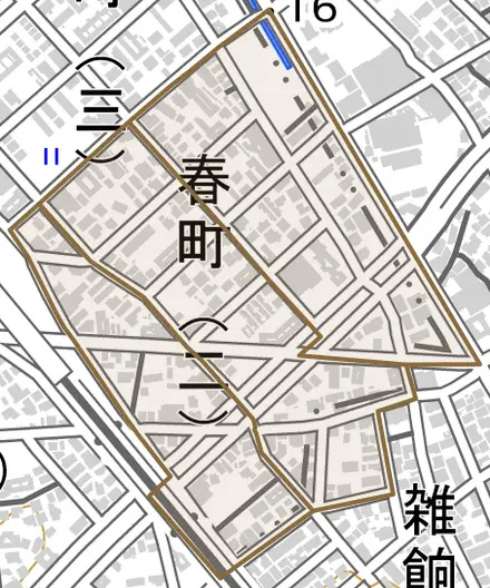 春町とその周辺の地図。町の範囲を重ねている