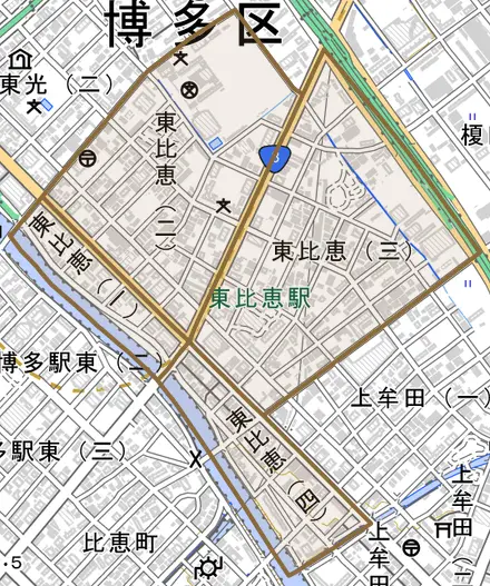 東比恵とその周辺の地図。町の範囲を重ねている