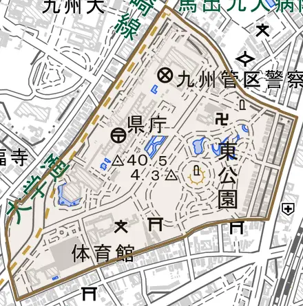 東公園とその周辺の地図。町の範囲を重ねている