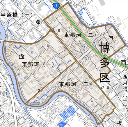 東那珂とその周辺の地図。町の範囲を重ねている