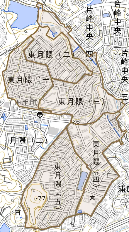 東月隈とその周辺の地図。町の範囲を重ねている