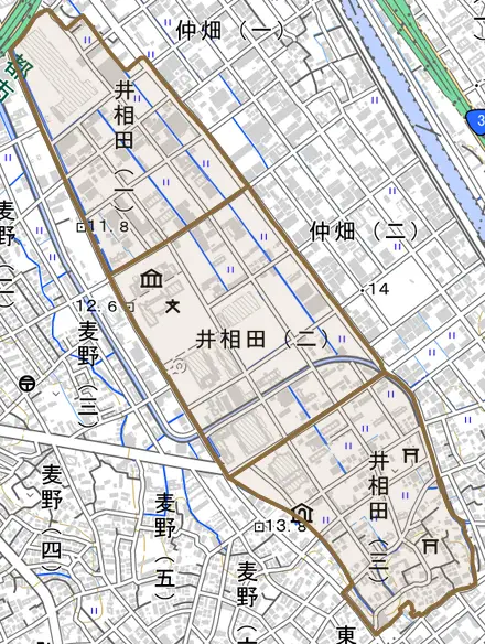 井相田とその周辺の地図。町の範囲を重ねている