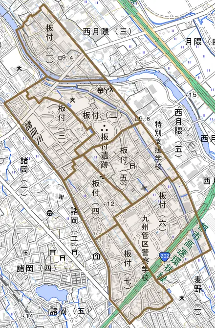 板付とその周辺の地図。町の範囲を重ねている