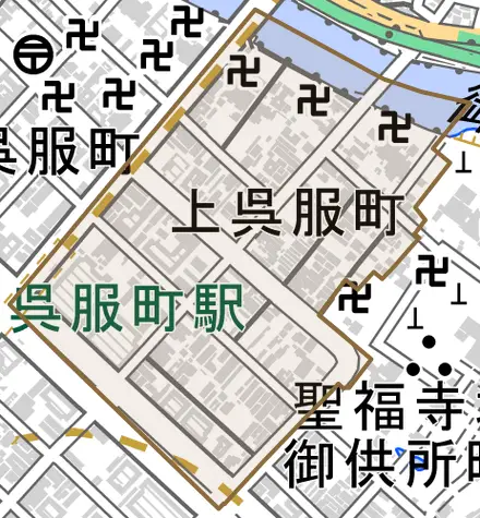 上呉服町とその周辺の地図。町の範囲を重ねている