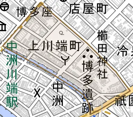 上川端町とその周辺の地図。町の範囲を重ねている