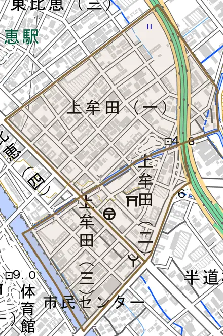 上牟田とその周辺の地図。町の範囲を重ねている