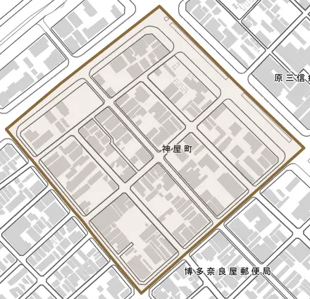 神屋町とその周辺の地図。町の範囲を重ねている