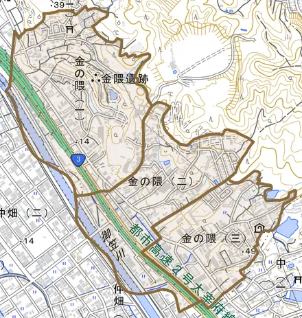金の隈とその周辺の地図。町の範囲を重ねている