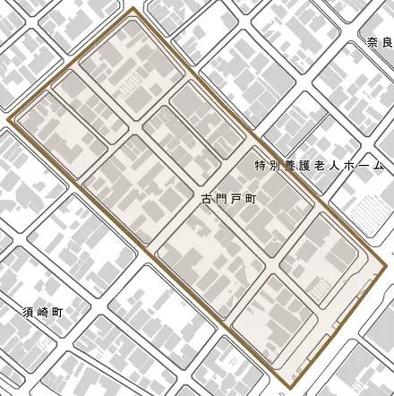 古門戸町とその周辺の地図。町の範囲を重ねている