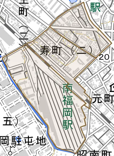 寿町とその周辺の地図。町の範囲を重ねている