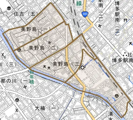 美野島とその周辺の地図。町の範囲を重ねている