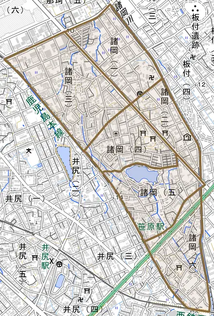 諸岡とその周辺の地図。町の範囲を重ねている