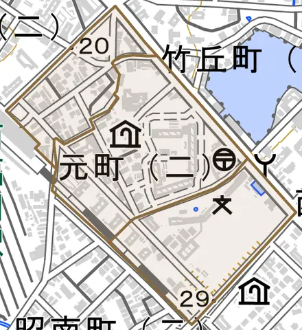 元町とその周辺の地図。町の範囲を重ねている