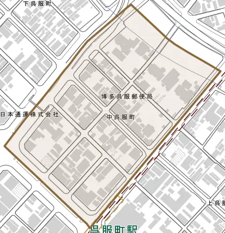 中呉服町とその周辺の地図。町の範囲を重ねている