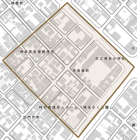奈良屋町とその周辺の地図。町の範囲を重ねている