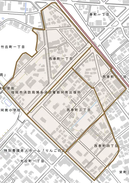 西春町とその周辺の地図。町の範囲を重ねている