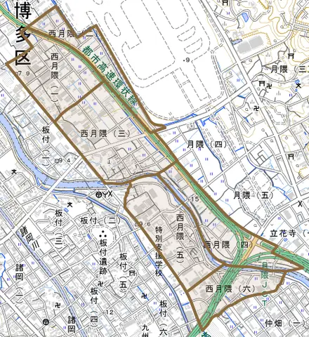 西月隈とその周辺の地図。町の範囲を重ねている