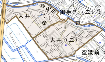 大井とその周辺の地図。町の範囲を重ねている