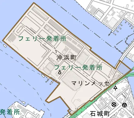沖浜町とその周辺の地図。町の範囲を重ねている