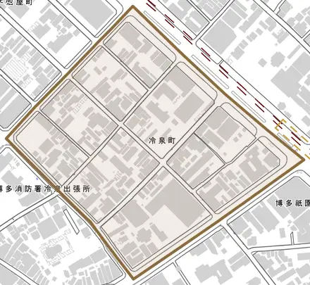 冷泉町とその周辺の地図。町の範囲を重ねている