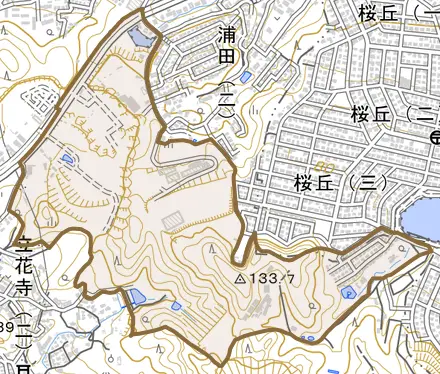 大字立花寺とその周辺の地図。町の範囲を重ねている