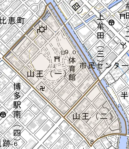 山王とその周辺の地図。町の範囲を重ねている