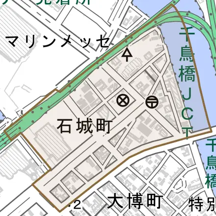 石城町とその周辺の地図。町の範囲を重ねている