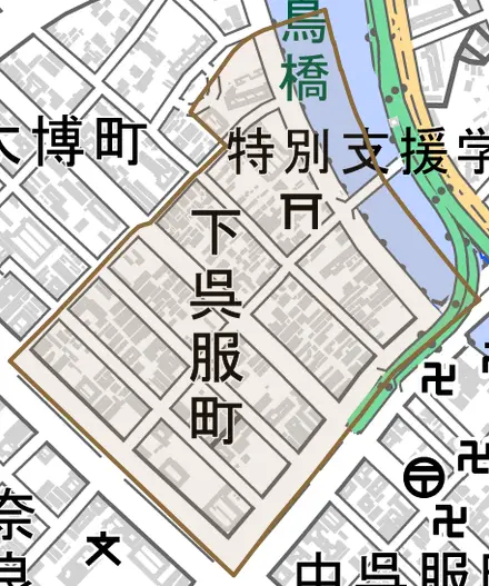 下呉服町とその周辺の地図。町の範囲を重ねている
