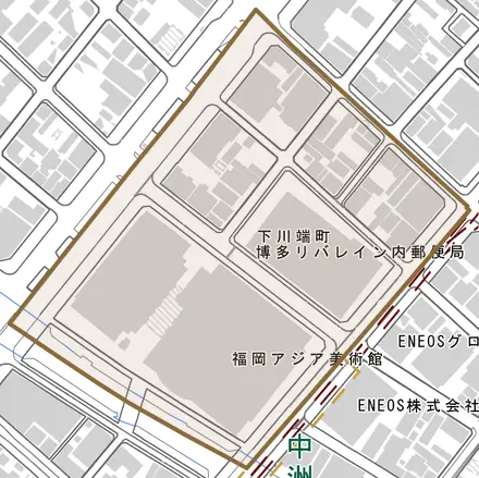 下川端町とその周辺の地図。町の範囲を重ねている