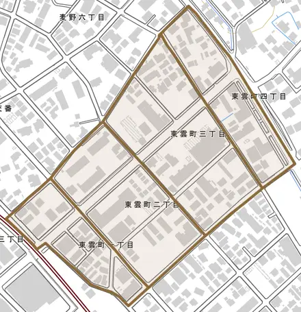東雲町とその周辺の地図。町の範囲を重ねている