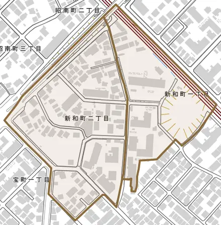 新和町とその周辺の地図。町の範囲を重ねている