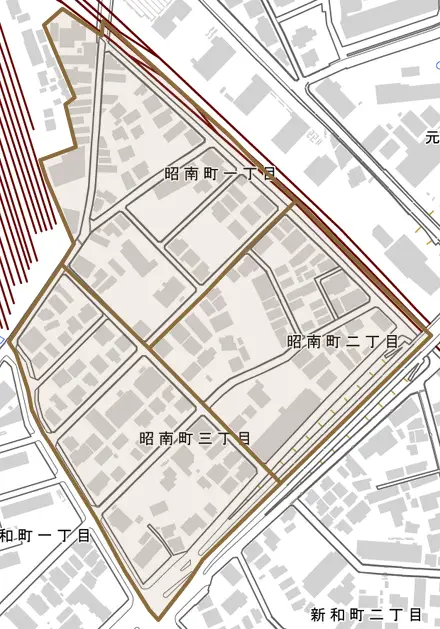 昭南町とその周辺の地図。町の範囲を重ねている