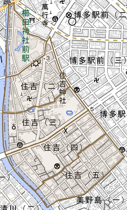 住吉とその周辺の地図。町の範囲を重ねている